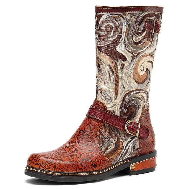 Women Fantastic Pattern Embossed Genuine Leather Splicing Mid Calf Boots