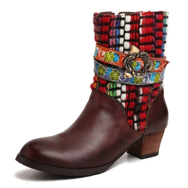 Women Retro Colorful Woolen Genuine Leather Splicing Short Boots