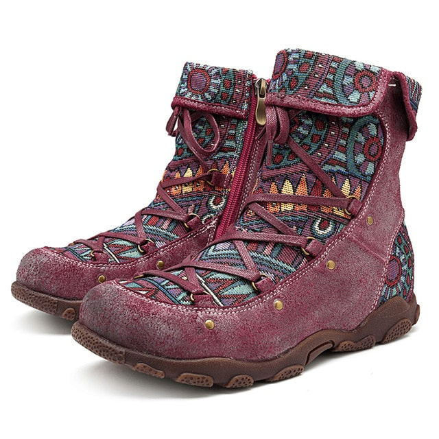 Women Printed Genuine Leather Vintage Ankle Boots