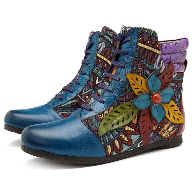 Women Splicing Genuine Leather Retro Flower Ankle Boots