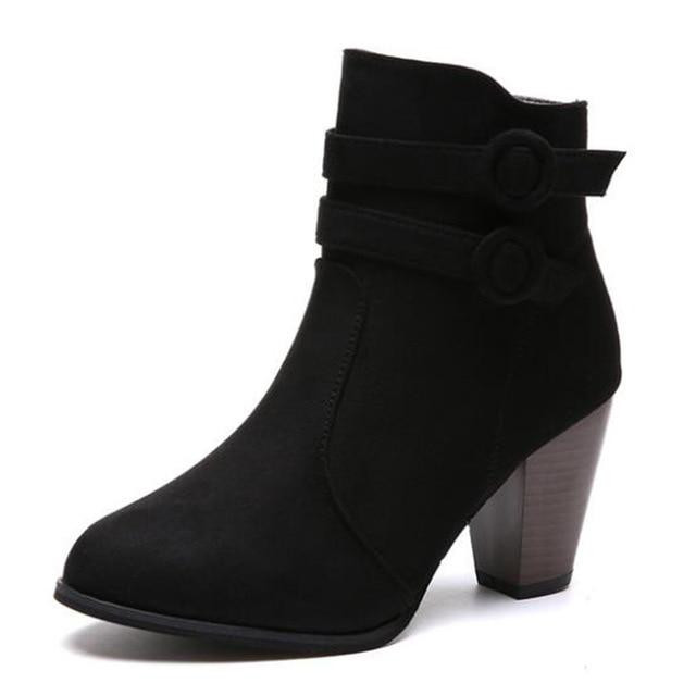 Double Buckle Woman Boots Fashion Block Heel Flock Short Ankle Boots