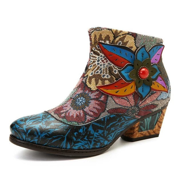 Women Embossed Genuine Leather Splicing Leaf Flower Ankle Boots