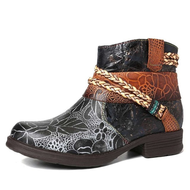 Women Genuine Leather Woven Rope Embossed  Ankle Boots