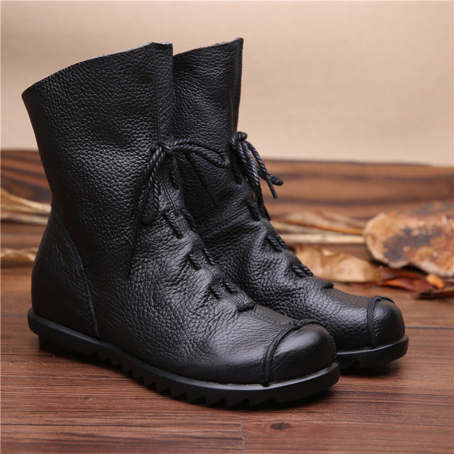Vintage Style Genuine Leather Women Ankle Boots