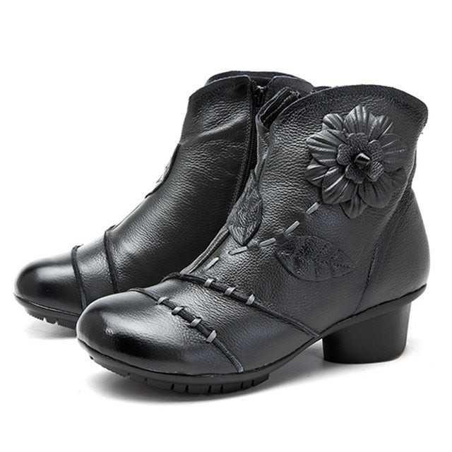 Women Genuine Leather Vintage Flower Zipper Ankle Boots