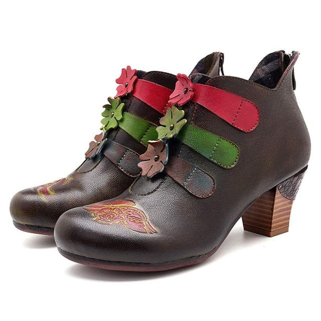 Women Retro Sheep Leather Flower Ankle Boots