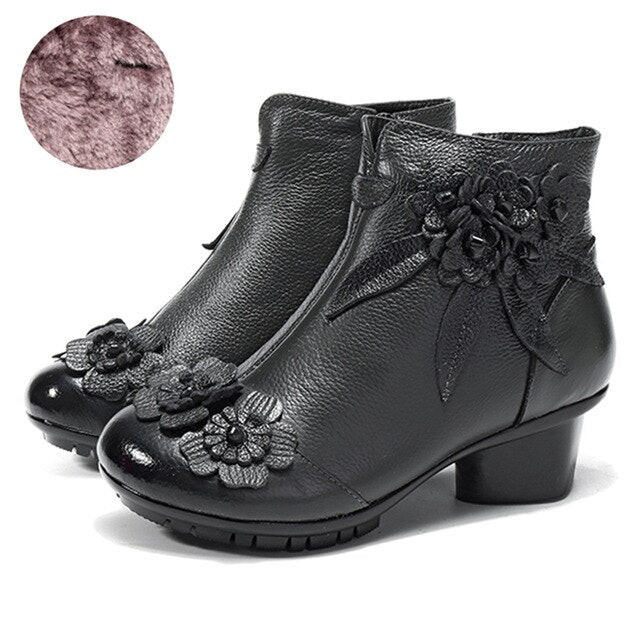 Women Vintage Flower Genuine Leather Boots