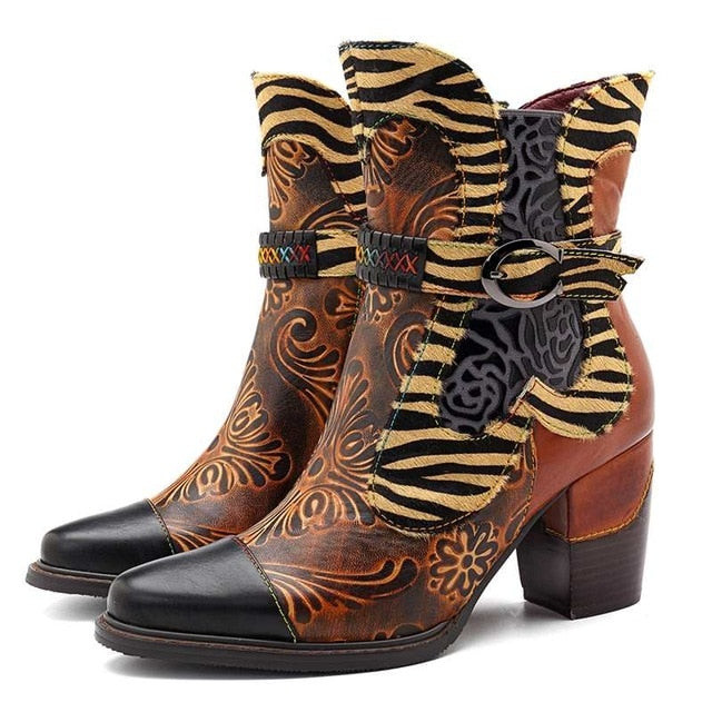 Women Retro Printed Horsehair Genuine Leather Cowgirl Ankle Boots
