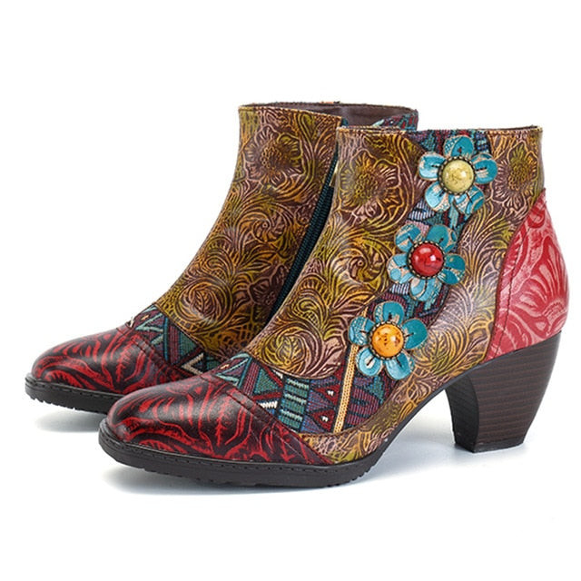 Women Vintage Bohemian Printed Genuine Leather Ankle Boots
