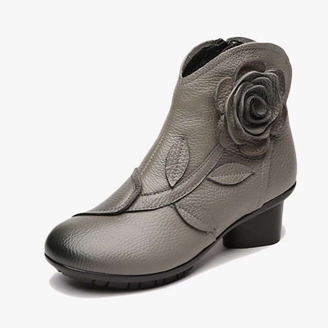Women Handmade Flower Genuine Leather Short Boots