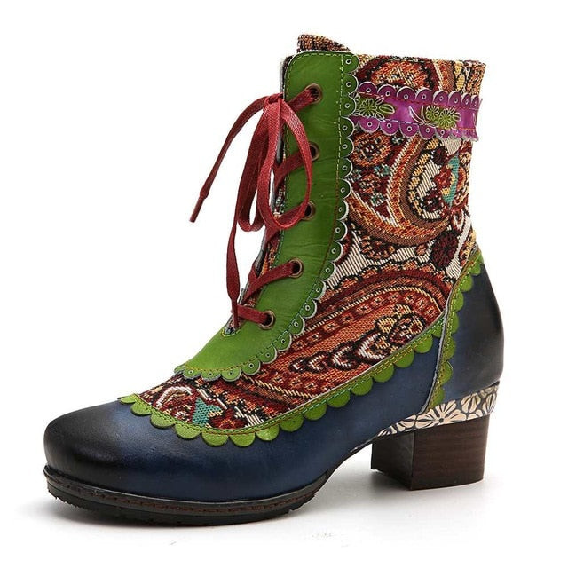 Women Wavy Lace Boots Folkways Pattern Stitching Genuine Leather Boots