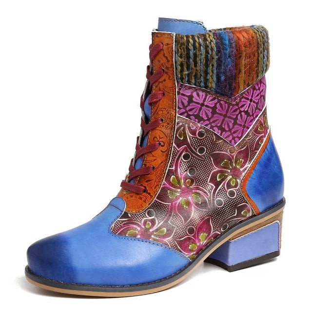 Womne Colorful Woollen Splicing Genuine Leather Flower Ankle Boots