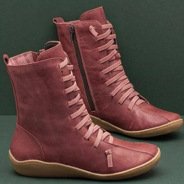 Women Ankle Boots Hot Selling Zipper Lace Up  Retro Fashion Handmade Leather High Top Boots