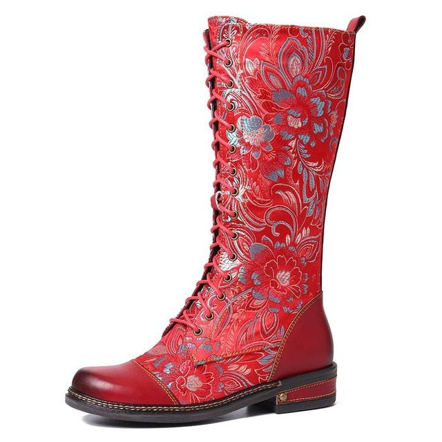 Women Flowers Pattern Colorful Stitching Elegant Zipper Mid Calf Boots