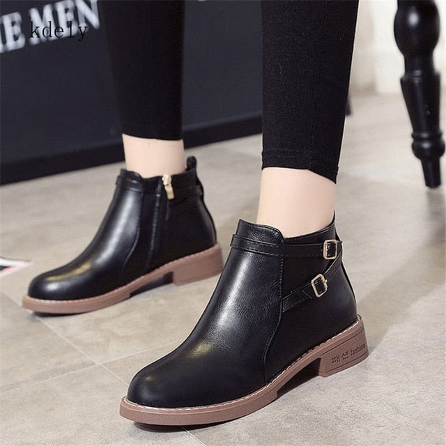 Women Fashion Leather Round Toe Buckle Strap Ankle Boots