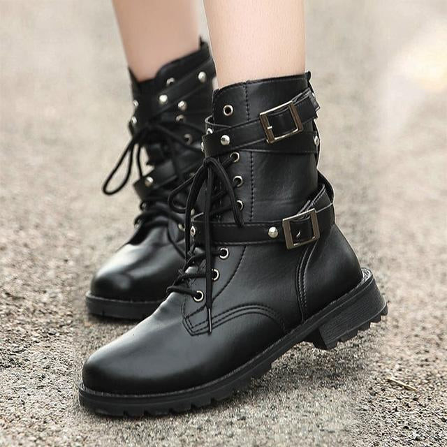 New Fashion Women Motorcycle Boots British Style Gothic Punk Low Heel Buckle Ankle Boots