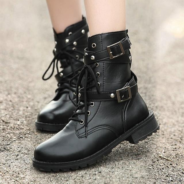 Women Ankle Boots Motocycle Style Leather Lace Up British Designer