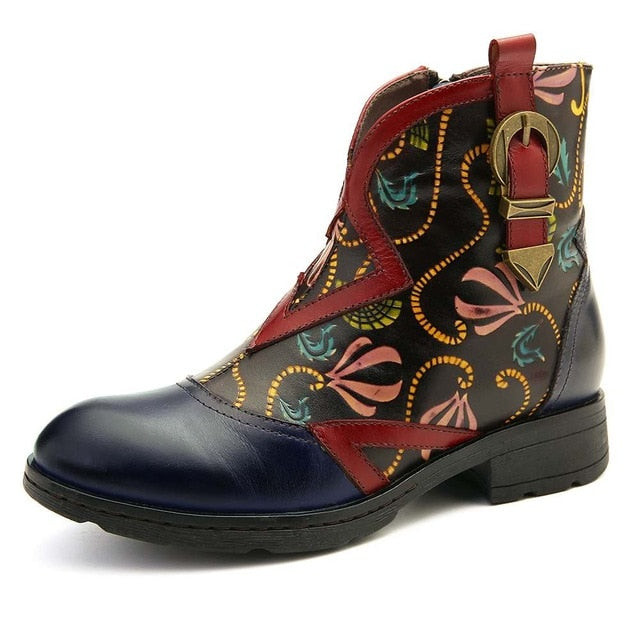 Women Printed Pattern Genuine Leather Soft Ankle Boots