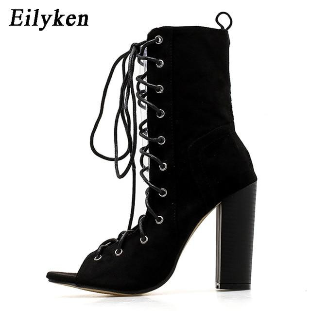 Women Boots Peep Toe Lace Up Cross-tied Sexy Heel Pumps High Boots