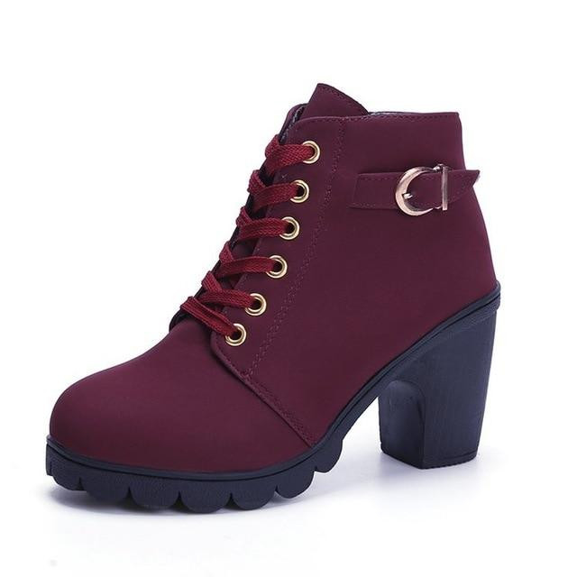 Hot Fashion Women Ankle Boots High Heel Lace Up Buckle Platform Premium Leather