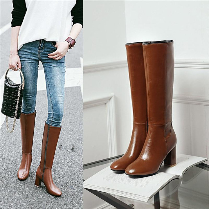 Women Knee Boots New Fashion High Quality Leather High Heel Boots