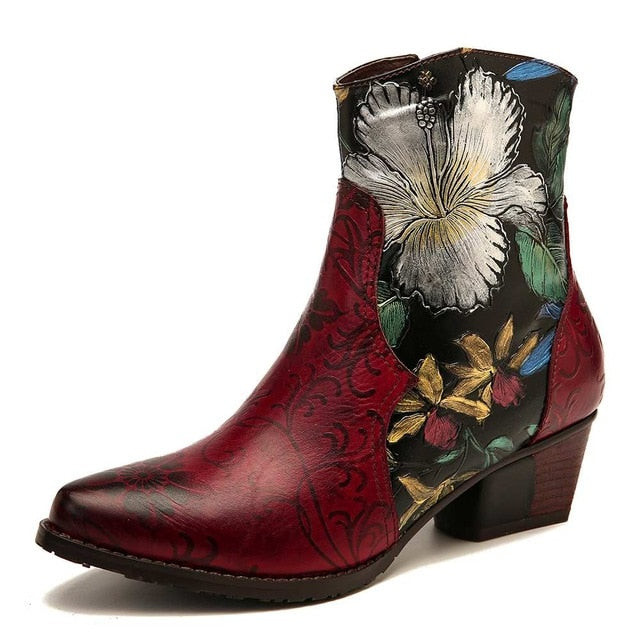 Women Retro Oil Painting Flowers Stitching Genuine Leather Low Heel Boots