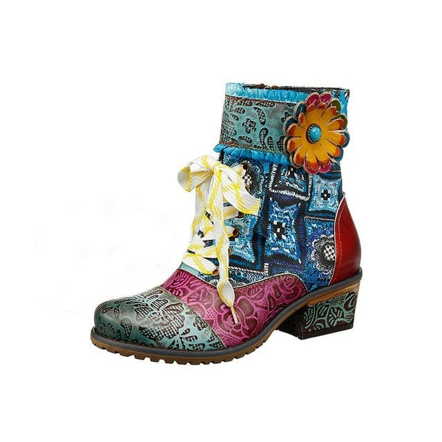 Women Comfy Leather Floral Splicing Zipper Square Heel Ankle Boots