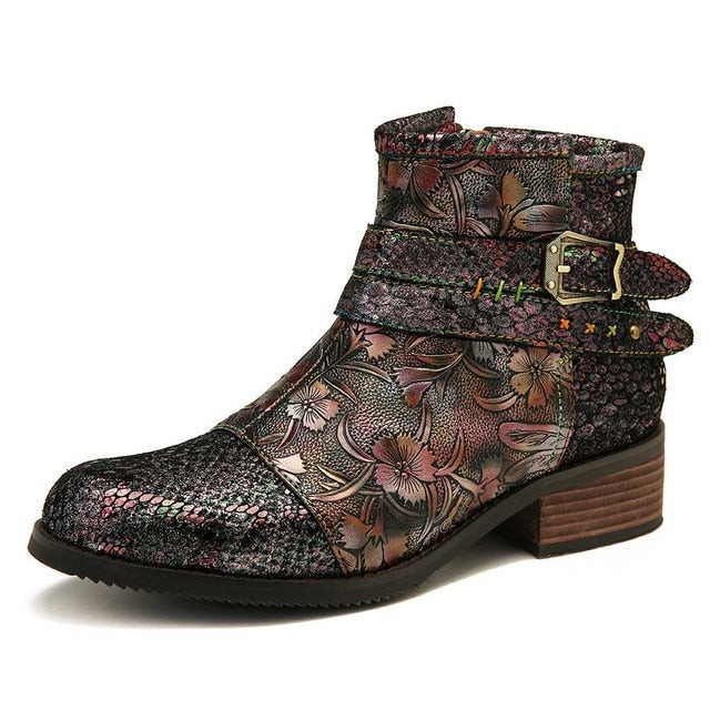 Women Snake Print Embossed Stitching Genuine Leather Ankle Boots