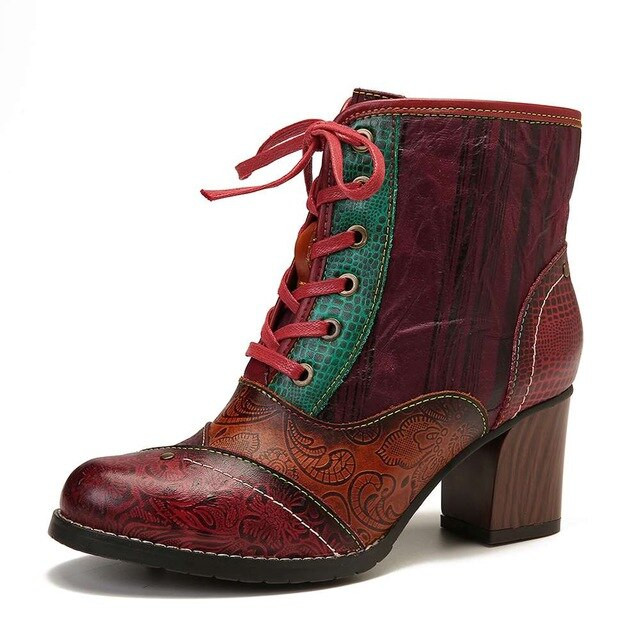 Women Retro Genuine Leather Color Splicing High Heel Boots