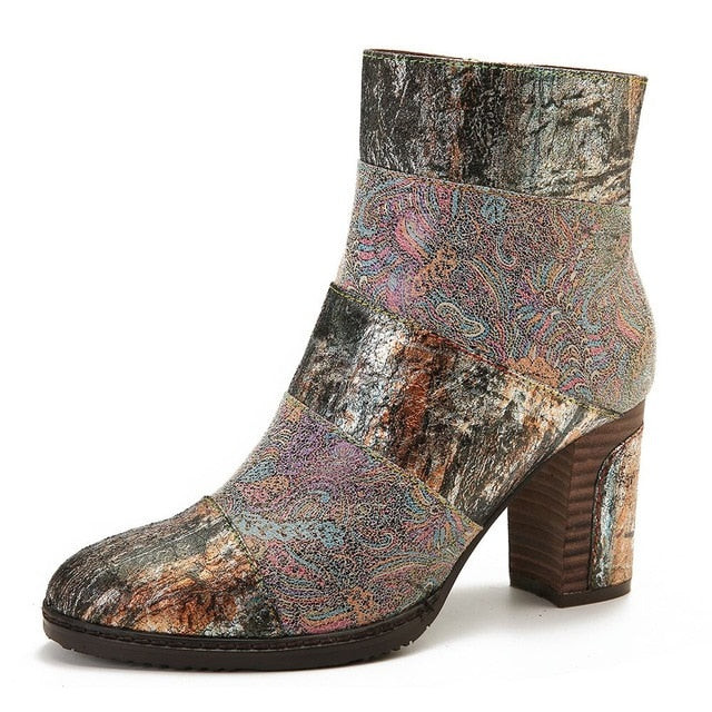 Women Gold Fancy Pattern Genuine Leather Splicing  High Heel Boots
