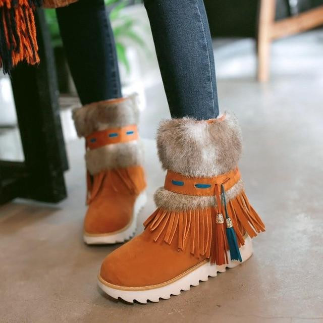Women Winter Boots Short Tube Frenulum Tassel Plush Fashion Design Ankle Boots
