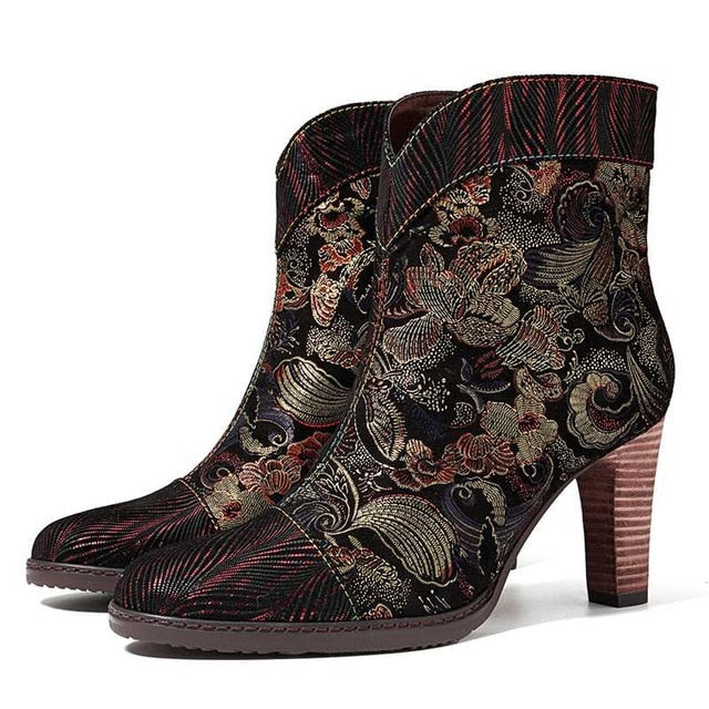 Women Retro Printed Sheep Leather High Heels Ankle Boots