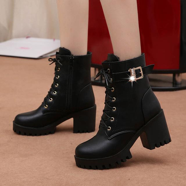 Hot Fashion Women Boots Lace Up Buckle Square Heels Ankle Boots