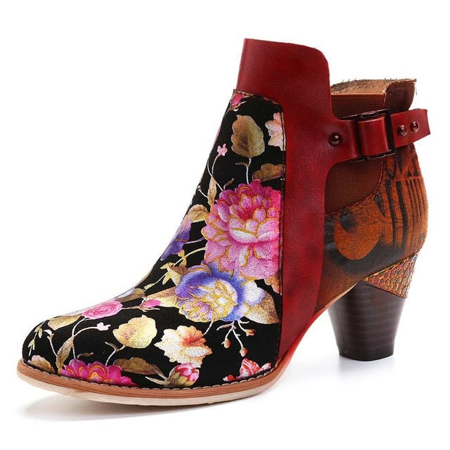 Women Retro Bloomed Flower High Heel Ankle Boots