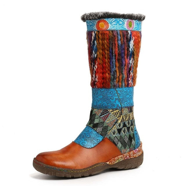 Women Laining Genuine Leather Splicing Colorful Woollen Mid Calf Boots