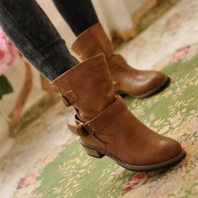Women Ankle Boots High Quality Leather Buckle Strap Fashion Style
