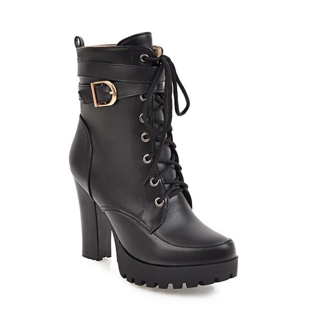 Women Ankle Boots Sexy High Heels Lace Up Fashion Platform Leather Boots