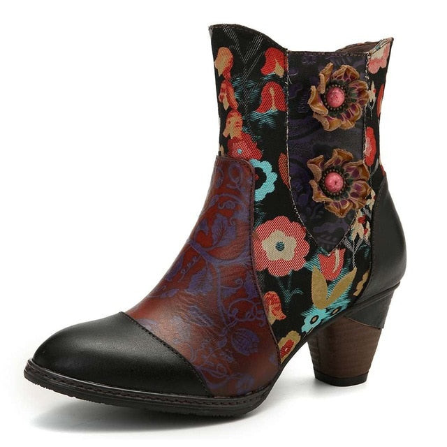 Women Retro Embossed Genuine Leather Flowers Splicing High Heel Boots