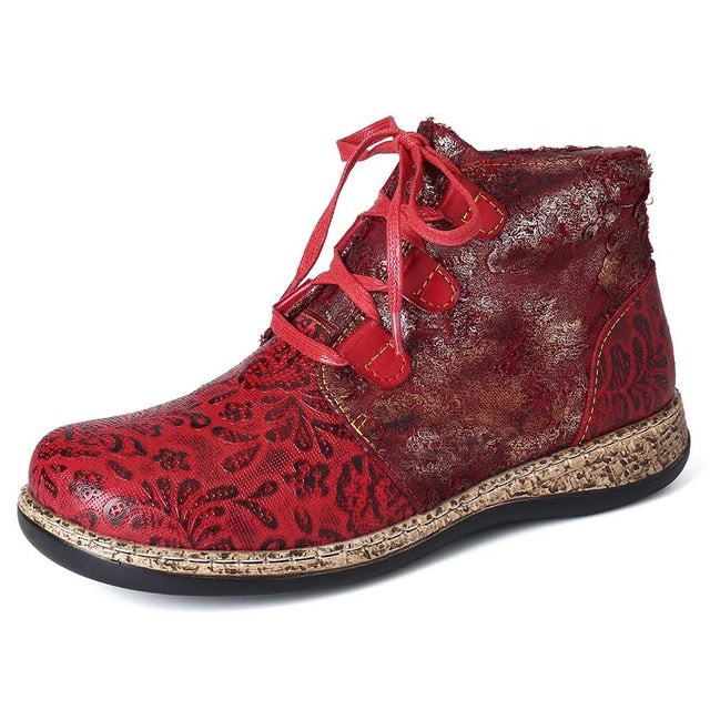Women Retro Genuine Leather Printing Comfy Ankle Boots