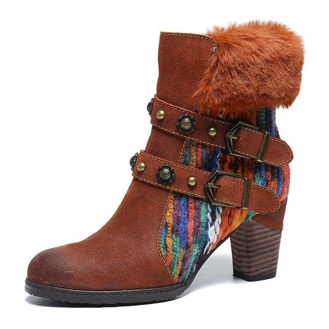 Women Colorful Woollen Rust Genuine Leather High Heel Zipper Boots