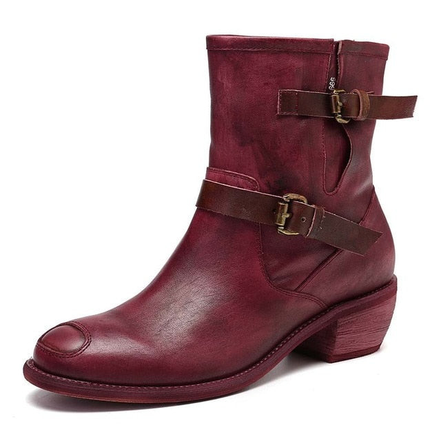 Women Strap Splicing Buckle Stitching Genuine Leather Ankle Boots