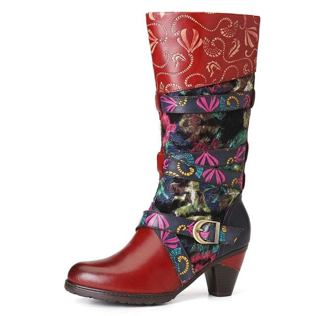 SOCOFY Retro Watercolor Embossed Buckle Strap Mid Calf High Heel Boots