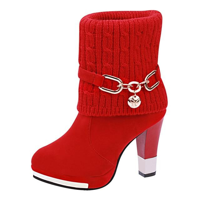 Women Winter Boots New Fashion High Heel Frosted Wool Inside Ankle Boots