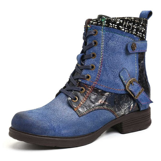 Women Genuine Leather Splicing Metal Buckle Lace Up Zipper Boots
