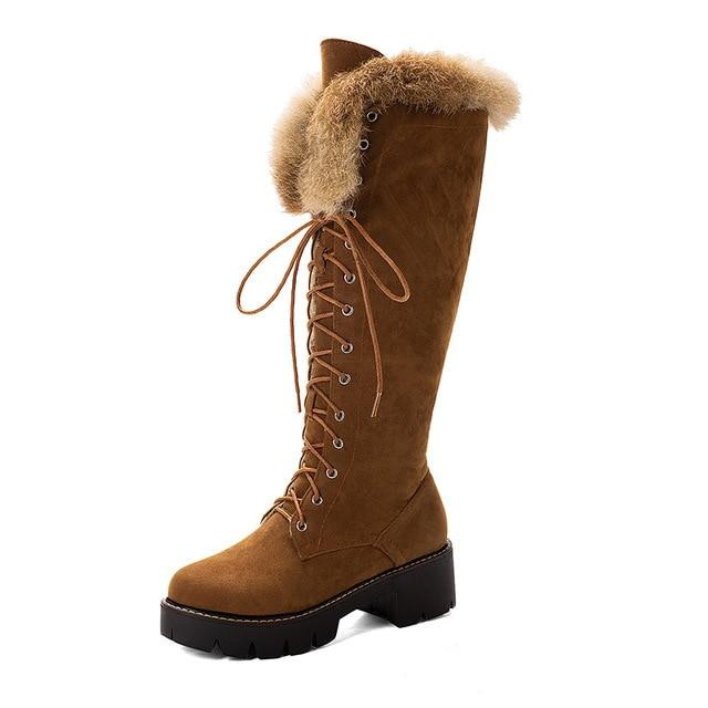 Fashion Women Kee Boots Fur Warm Plush Lace Up High Top Winter Boots