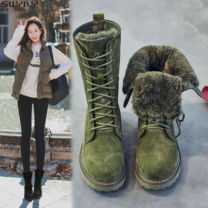 Women Boots Genuine Leather Cool Fashion Style Warm Fur Winter Platform Booties
