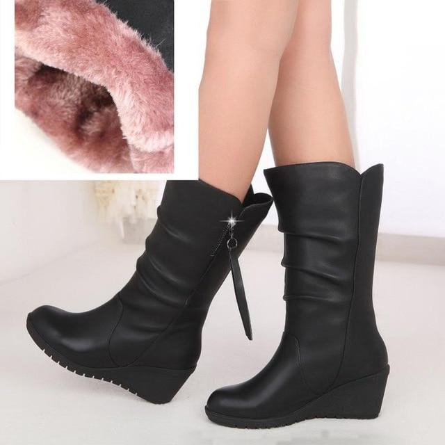 Women Mid Calf Boots Winter Warm Waterproof Leather Sexy High Heel Platform Boots