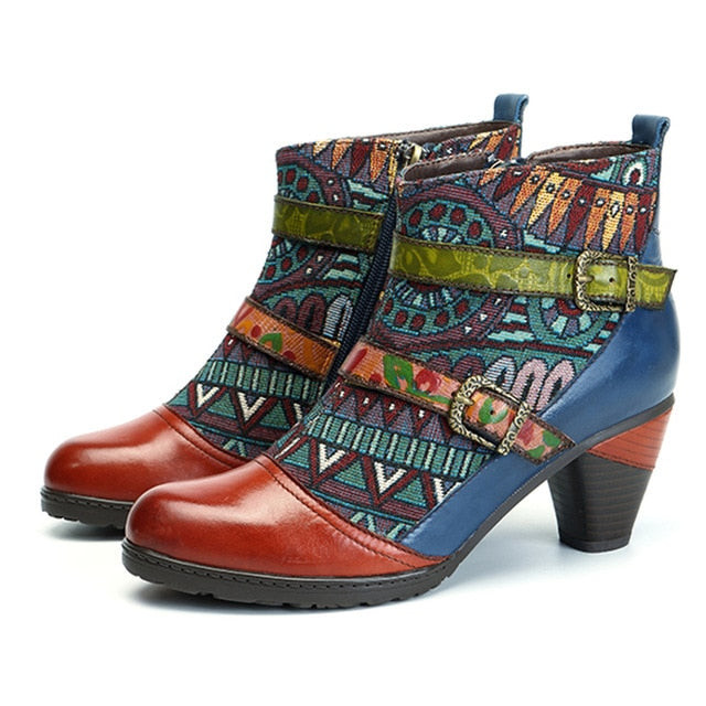 Women Retro Bohemian Zipper Block Heels Ankle Boots