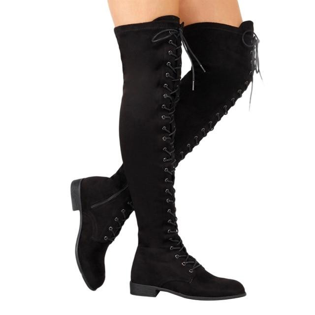 Sexy Women Over The Knee Boots Lace Up Suede Thigh High Boots