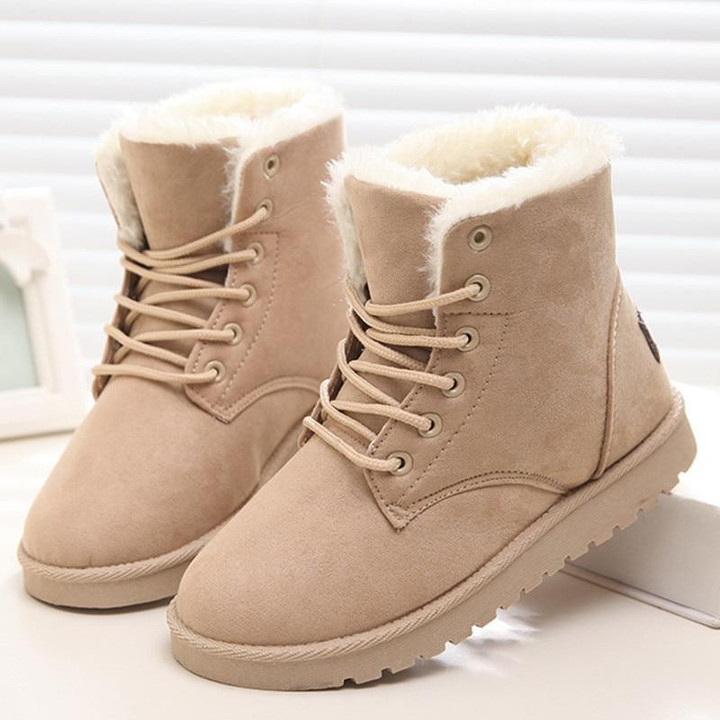 Women Snow Boots Flat Lace Up Winter Warm Flock Fur Suede Ankle Boots